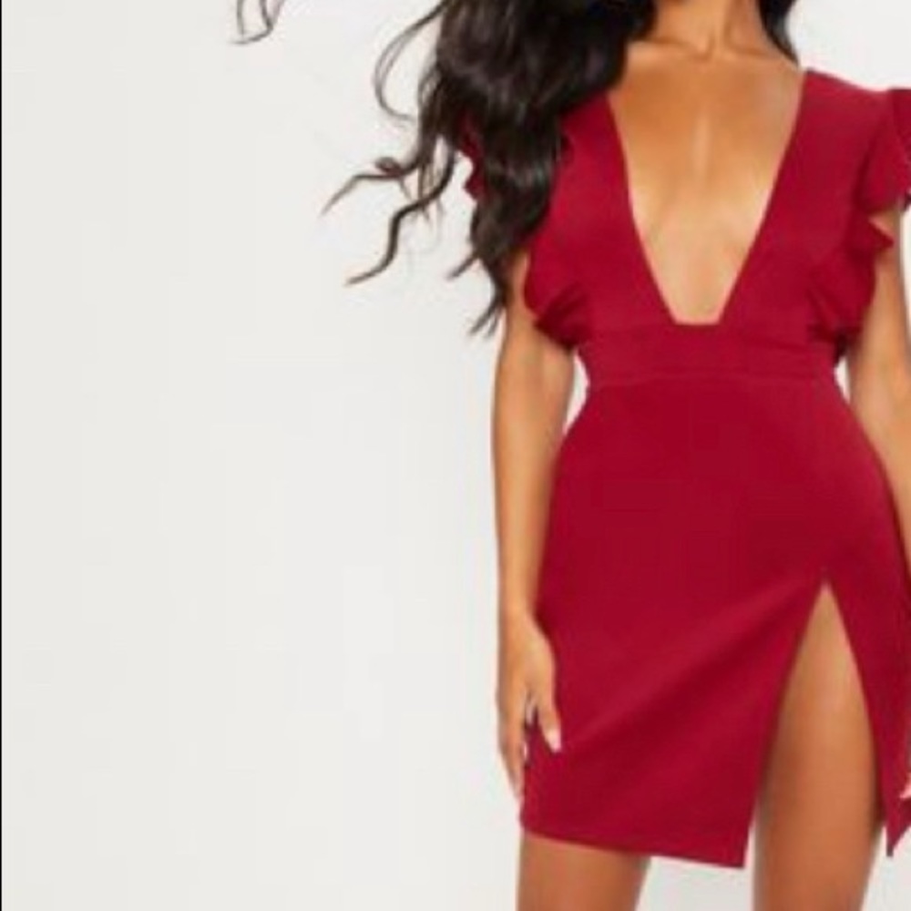 Plunge Split-Leg mini frill dress